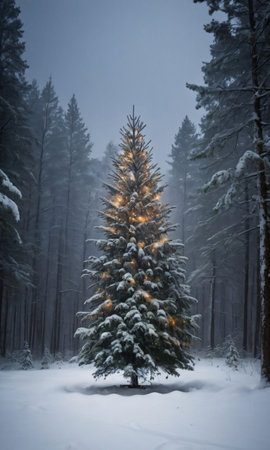 A Christmas Tree In A Snowy Forest Clearing During A Thunderstorm. Generative AIの素材