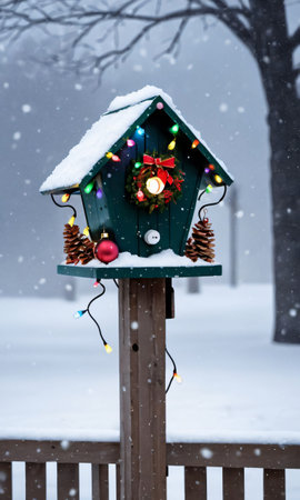 A Birdhouse Adorned With Christmas Lights In A Blizzar. Generative AIの素材