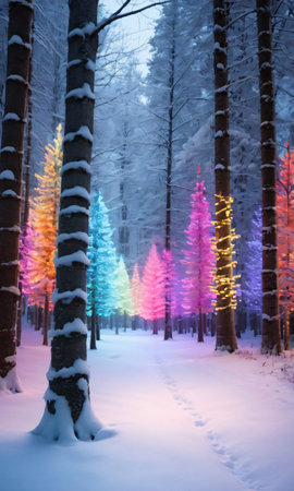 A Snowy Forest With Trees Wrapped In Colorful Lights. Generative AIの素材