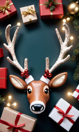 Photo Of Christmas Reindeer Antlers Wrapped With Fairy Lights Beside A Pile Of Gift. Generative AIの素材