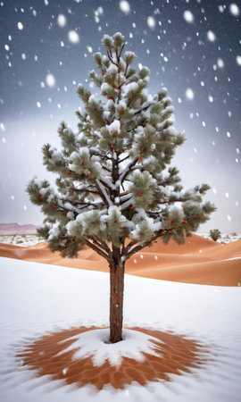 A Decorated Tree In A Desert With Snow Falling Gently. Generative AIの素材