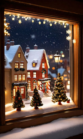 A Christmas Village Scene In A Snowy Window, The Street Outside Illuminated By Streetlights. Generative AIの素材