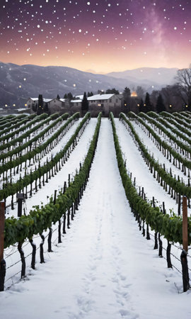 A Snowy Vineyard With Rows Of Grapevines Adorned With Lights. Generative AIの素材