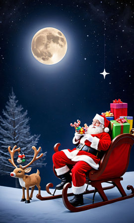SantaÃ¢ÂÂS Sleigh And A Bag Of Toys Under The Moonlit Sk. Generative AIの素材