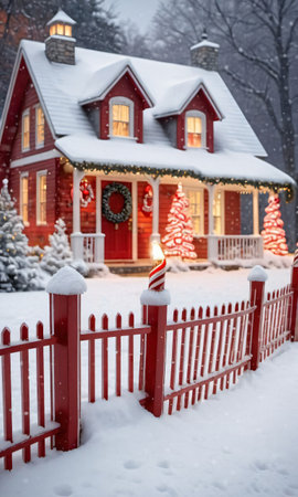 A Christmas Candy Cane Fence Leading To A Warmly Lit Cottage Amidst A Snowy Setting. Generative AIの素材