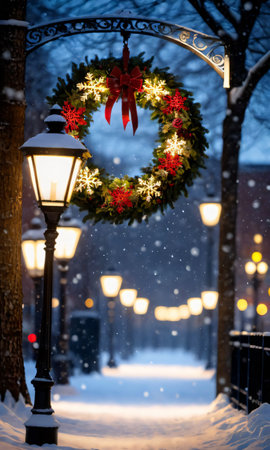 A Wreath And Snowflakes Falling, Backlit By Street Lamp. Generative AIの素材