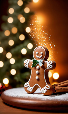 Photo Of Christmas Snowflakes Falling On A Gingerbread Man Standing Near A Yule Log In A Warmly Lit Roo. Generative AIの素材