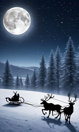 A Sleigh And Reindeer Silhouettes Against A Moonlit Snowy Landscap. Generative AIの素材