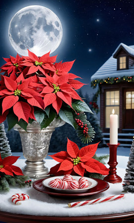 A Frosty Scene With Poinsettia And Candy Canes On A Table, Under The Moonligh. Generative AIの素材