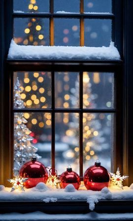 Christmas Decorations Adorning A Snowy Window Ledge, Illuminated By Streetlights. Generative AIの素材