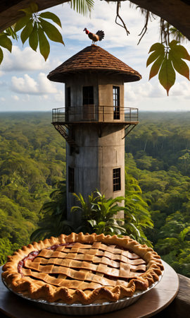 Thanksgiving Pie On A Watchtower Overlooking A Dense Jungl. Generative AIの素材