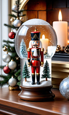 Photo Of Christmas Snow Globe Featuring A Nutcracker, Pine Tree, And Snowflakes Set On A Cozy Fireplace Mante. Generative AIの素材