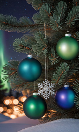 Ornaments And Pine Branches Against A Backdrop Of The Northern Light. Generative AIの素材
