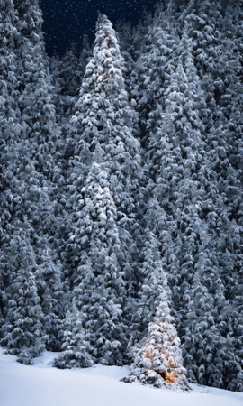 A Christmas Tree In A Snowy Canyon, Illuminated By Starlight. Generative AIの素材