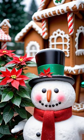 Photo Of Christmas Snowman Holding A Poinsettia Plant Beside A Gingerbread Village In A Children'S Playgroun. Generative AIの素材