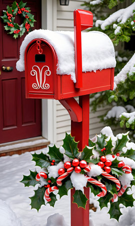 Photo Of Christmas Snow-Covered Mailbox Filled With Candy Canes And Holly Leaves Outside A Quaint Cottag. Generative AIの素材