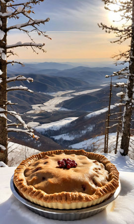 Thanksgiving Pie On A Snowy Mountaintop With A View Of The Valle. Generative AIの素材