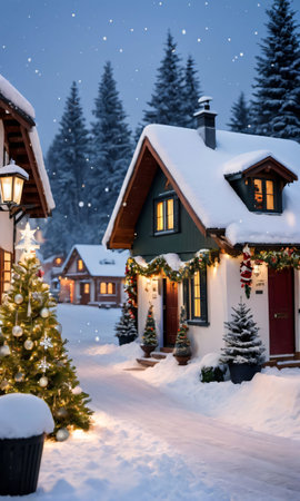 A Snowy Village Scene Featuring A Cozy House Adorned With Festive Garland. Generative AIの素材