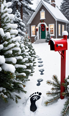 Photo Of Christmas Snowy Footprints Leading To A Mailbox Filled With Festive Cards And Pine Branche. Generative AIの素材