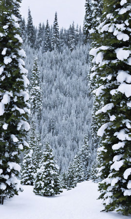 A Snowy Mountain Trail With Trees Adorned With Lights And Ribbons. Generative AIの素材
