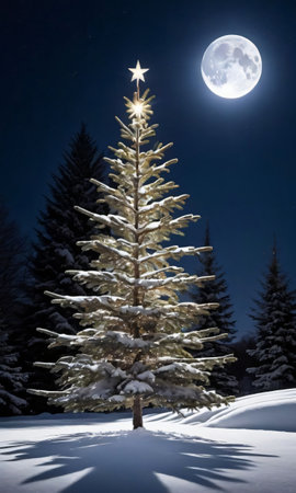 A Christmas Tree Glowing Under The Soft Moonlight, Casting Long Shadows On The Snowy Ground. Generative AIの素材