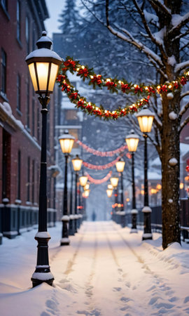 Christmas Garlands Wrapped Around Street Lamps, Illuminating A Snowy Path. Generative AIの素材