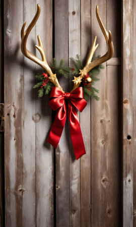 Photo Of Christmas Reindeer Antlers Wrapped With Red Ribbons And Golden Stars, Leaning Against A Barn Doo. Generative AIの素材
