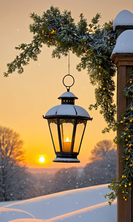 A Snowy Scene With Mistletoe And A Lantern, Highlighted By The Golden Sunse. Generative AIの素材