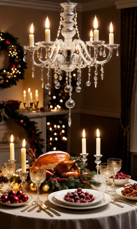 A Christmas Feast Displayed On A Table, The Room Lit By The Soft, Ambient Glow Of A Chandelier. Generative AIの素材