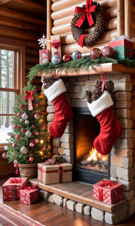 Photo Of Christmas Stockings Filled With Pinecones, Glass Ornaments, And Candy Canes In A Log Cabin'S Cozy Interio. Generative AIの素材