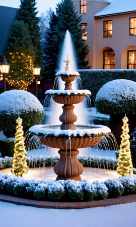 A Festive Fountain Surrounded By Snowy Topiaries Adorned With Lights. Generative AIの素材