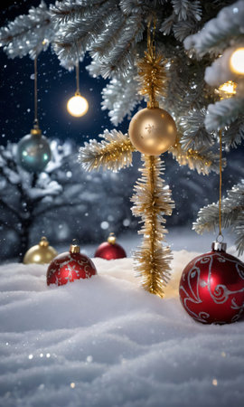 Ornaments And Tinsel In A Blizzard, Illuminated By Moonligh. Generative AIの素材