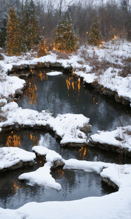 A Festive Pond With Snowy Banks Adorned With Lights And Ribbons. Generative AI