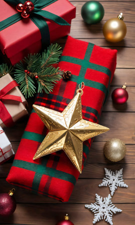 Photo Of Christmas Golden Star Atop A Pile Of Gifts Wrapped In Red And Green Plaid On A Wooden Floor With Soft Ru. Generative AIの素材