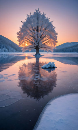 A Decorated Tree In The Middle Of A Frozen, Snowy Lake At Sunset. Generative AIの素材