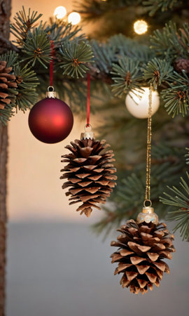 Pine Cones And Ornaments Hanging, In The Soft Evening Ligh. Generative AIの素材