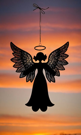 A Christmas Angel Decoration Captured In Silhouette Against The Backdrop Of A Sunset. Generative AIの素材