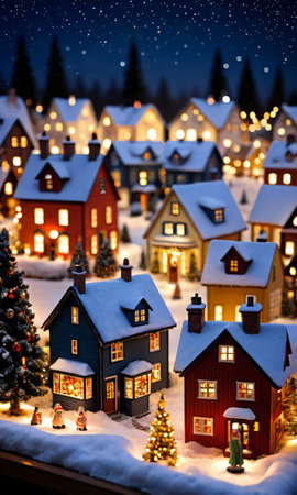 A Christmas Village Display, The Miniature Houses Warmly Lit, With A Backdrop Of A Starry Night. Generative AIの素材