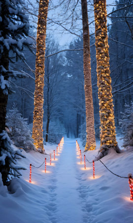 Christmas Lights Illuminating A Path Through A Snowy Forest, Captured At Dusk. Generative AIの素材