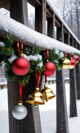 Photo Of Christmas Jingle Bells On A Snowy Bridge With Hanging Ornament. Generative AIの素材