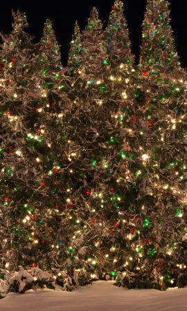 A Festive Forest With Trees Adorned With Ornaments And Lights At Dusk. Generative AIの素材
