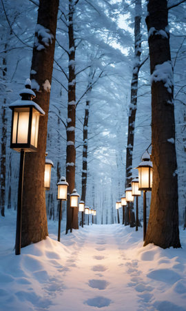 A Winter Forest Scene Featuring A Snow-Covered Pathway Lined With Glowing Lantern. Generative AIの素材