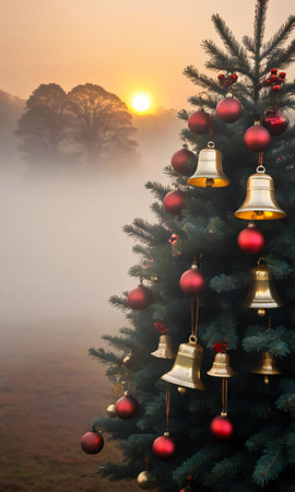 A Misty Morning With A Christmas Tree And Bells Adorned, Highlighted By The Sunris. Generative AIの素材