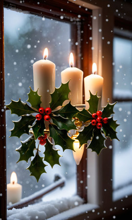 Mistletoe And Holly Beautifully Illuminated By Candlelight, Set Against A Snowy Windo. Generative AIの素材