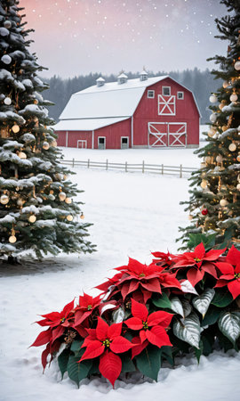 A Snowy Field Featuring A Rustic Barn Adorned With Twinkling Lights And Poinsettia. Generative AIの素材