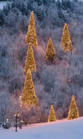 A Festive Hill With Snowy Trees Adorned With Lights And Ornaments. Generative AIの素材