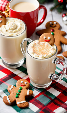 Photo Of Christmas Eggnog Mug Beside Gingerbread Cookies On A Plaid Tableclot. Generative AIの素材