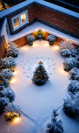 Christmas Lights And A Star, Illuminating A Snowy Garden, Captured From Abov. Generative AIの素材