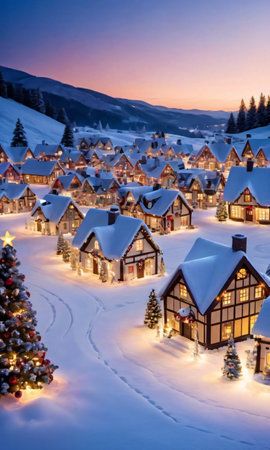 A Snowy Christmas Village With Twinkling Lights At Dusk. Generative AIの素材