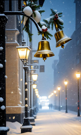 Bells And Garlands In A Snowstorm, Illuminated By A Streetlam. Generative AIの素材